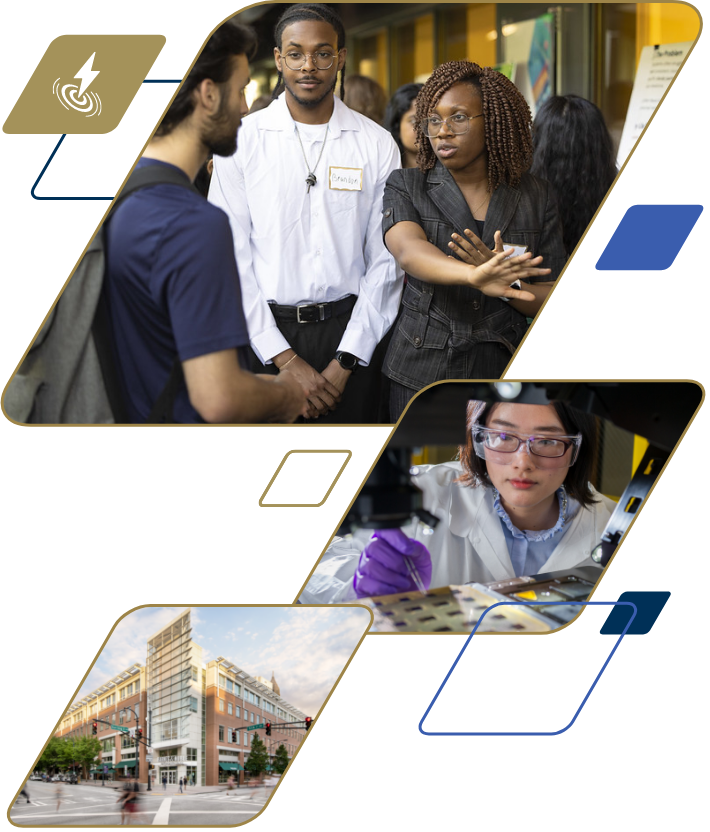 Commercialization Event photo, Researcher in a lab photo, Tech Square image that make up a collage with Georgia Tech brand element shapes