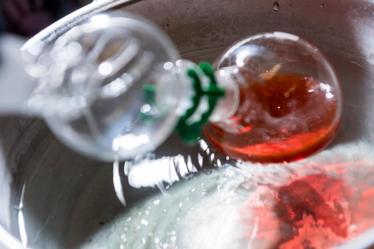 <p>During polymer preparation, a rotary evaporator removes solvent from the reaction. Credit: Georgia Tech / Rob Felt</p>