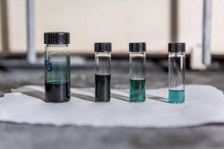 <p>Various dilutions of a stock solution of multistage polymer ink in chloroform. Credit: Georgia Tech / Rob Felt</p>