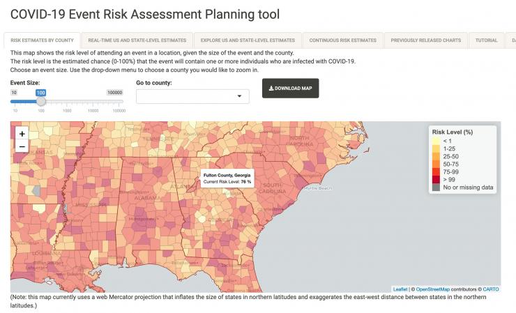 As of Monday, July 6, for an event with 100 attendees in Fulton County, Georgia, the estimated risk of someone in attendance being actively infected with Coronavirus is 76 percent. For that same day at an event with 1,000 attendees, the estimated risk in all but 16 of Georgia’s 159 counties exceeds 99 percent.