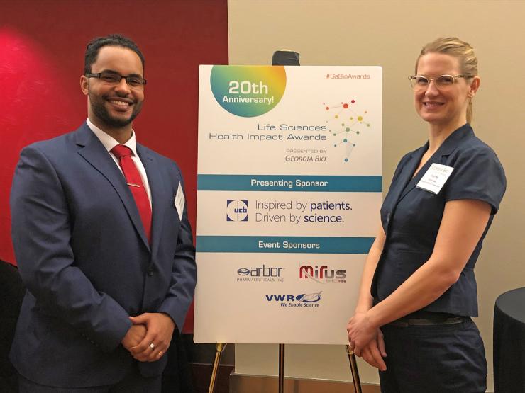 <p>Bobby Leitmann (left, University of Georgia) and Aubrey Incorvaia (Georgia Tech) of the CMaT Student Leadership Council, were there to represent the new award-winning NSF Engineering Research Center at Georgia Tech.</p>