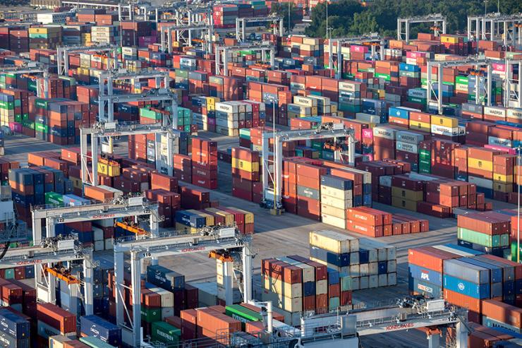 <p>The U.S. gets close to a trillion dollars of products annually from Asian countries, and most are shipped by sea, which requires a four-to-six-week lead time. Here, containers are stacked at a Georgia Ports Authority facility in Savannah. (GPA Photo: Stephen B. Morton)</p>