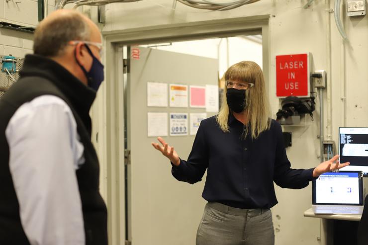 <p>Associate Professor Caroline L. Genzale talks with Paul M. Dabbar during a visit to campus Sept. 25, 2020. Photo by Ashley Ritchie</p>