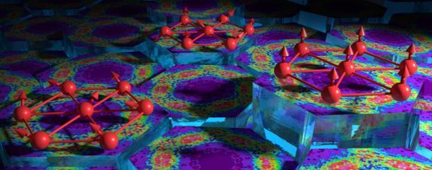 <p>Artist's depiction of electron spins in the ytterbium crystal lattice (formula YbMgGaO4) at different phases of the experiment that detected strong signs of an observable quantum spin liquid appearing at near absolute zero. Credit: Oak Ridge National Laboratory / Jill Hemman</p>