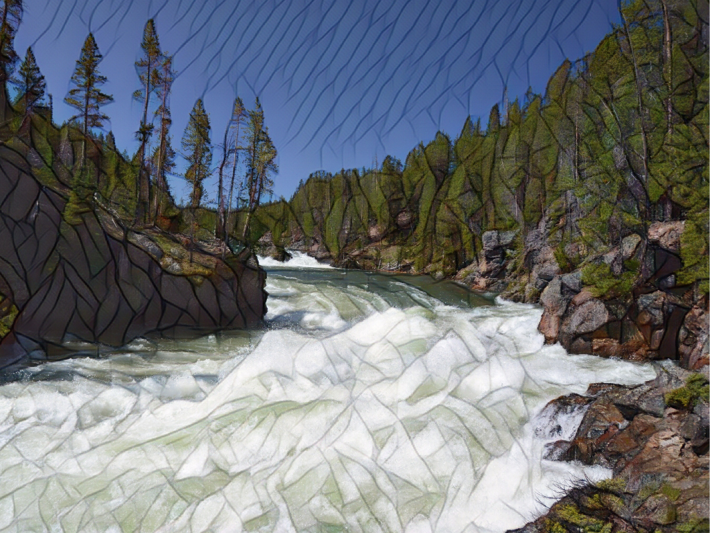 A mosaic-like illustration of a turbulent river