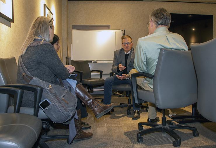 <p>Todd Younkin, SRC’s President and CEO, discussing ECE’s Opportunity Research Scholars’ Program (ORS) with program leaders Greg Durgin (Faculty Director), Julie Ridings (Assistant Director), and Shanthi Rajaraman (Director). </p>