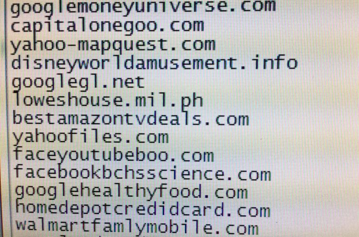 <p>A selection of combosquatting domains identified during the study. The domain names include a trademarked name, plus an additional word or words.</p>