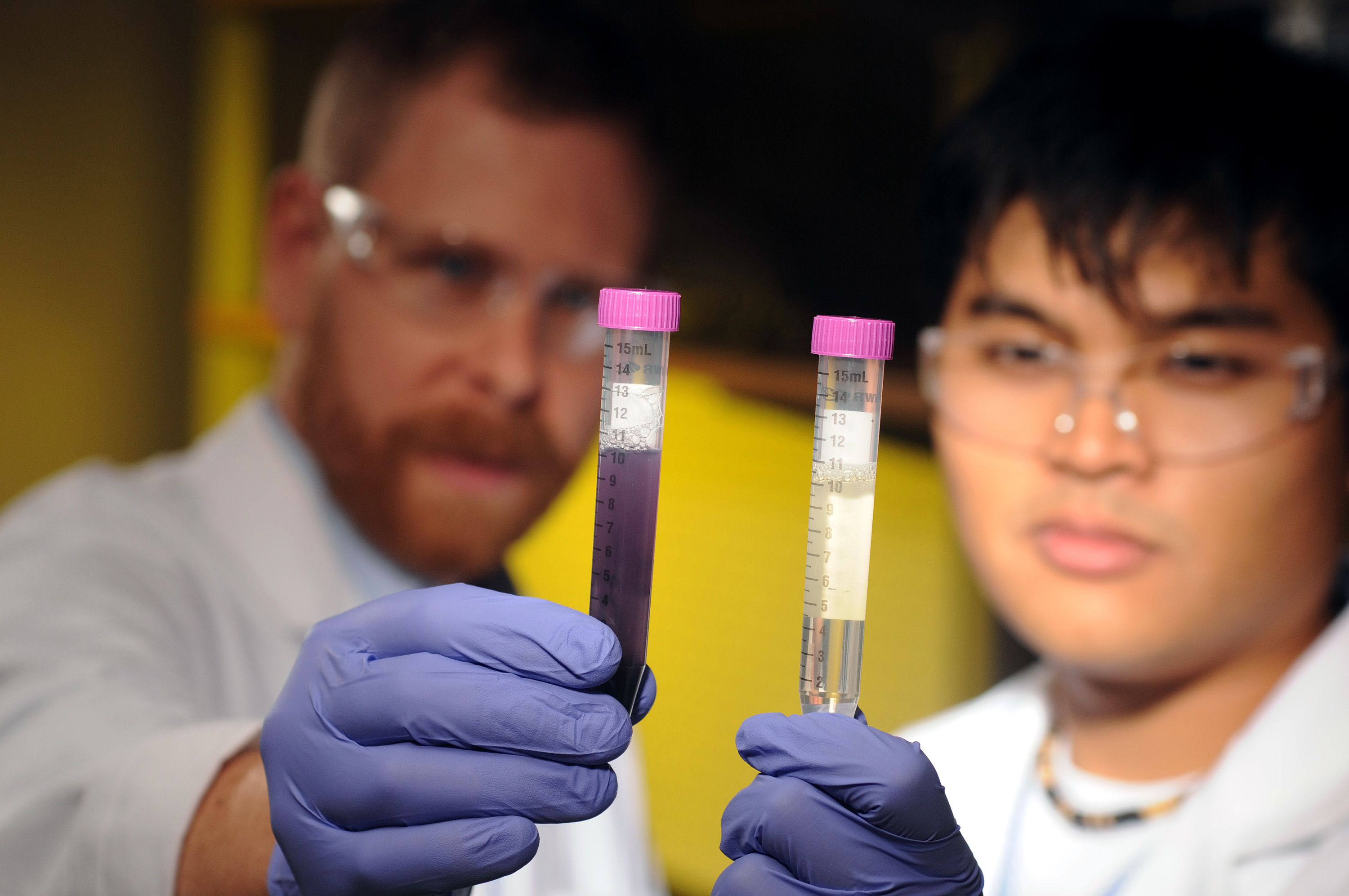 The global amount of recoverable fecal waste harbors risks, such as water contamination, as well as opportunities to harvest natural resources. Georgia Tech Assistant Professor Joe Brown with (left) and Graduate Research Assistant Andy Loo. (Photo: Gary Meek)