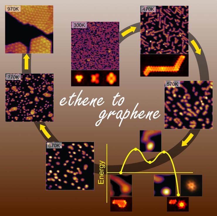 <p>Measured and theoretically simulated images of stages in the dehydrogenation process observed in programmed surface heating experiments. The sequence starts from adsorbed ethene (at 300K), leading to self-evolved 24-carbon-atom cluster precursors (between 570K and 670 K), and culminates with graphene formed at elevated temperatures (between 770K and 970K). (Figure credit: U. Landman and B. Yoon).</p>