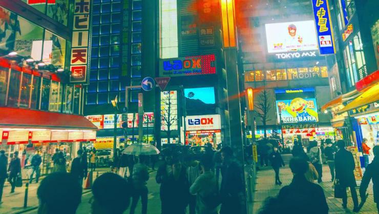 <p>People on the sidewalks in the Akihabara area of Tokyo. The surrounding buildings light the scene with vivid signs.</p>