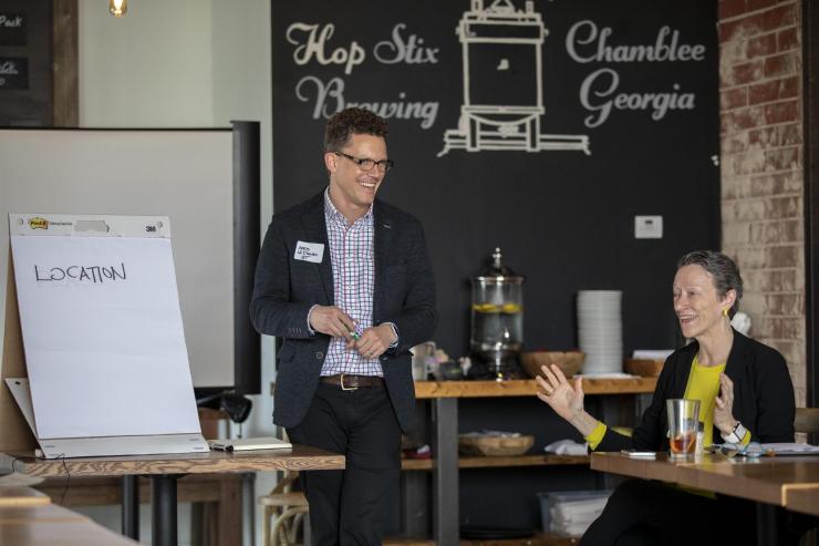 <p>Georgia Tech's Christopher Le Dantec and Ellen Dunham-Jones at Georgia Smart Communities Challenge meeting in Chamblee</p>