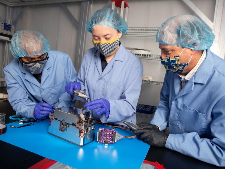 <p>Lunar Flashlight is evaluated in a GTRI anechoic chamber to ensure that its component systems will not create electromagnetic interference. (Credit: Nathan Cheek)</p>