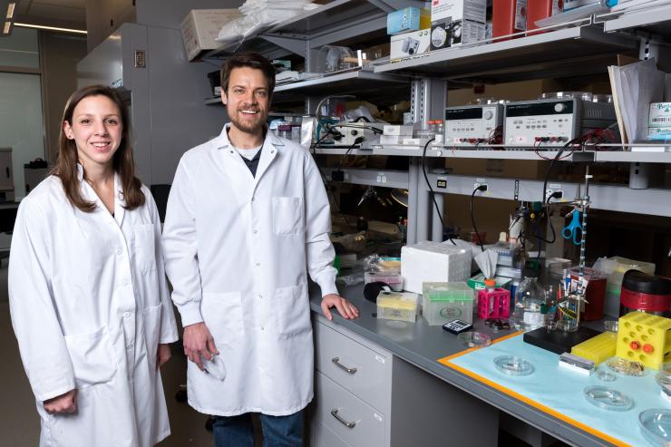 <p>Using a polymer microchip, graduate student Meredith Fay and postdoctoral researcher David Myers fabricated model blood vessel systems that include artificial blood vessels with diameters as narrow as the smallest capillaries in the body. The systems were used to study the activity of white blood cells affected by two different types of drugs. (Credit: Rob Felt, Georgia Tech)</p>