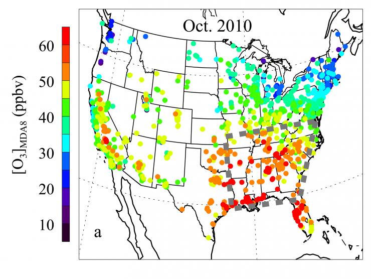 <p>This map shows monthly mean ozone levels for the United States in October 2010. Red indicates the highest levels, and the Southeast region is outlined in gray dashes. (Credit: Yuzhong Zhang)</p>