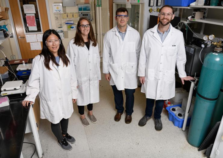 <p>Georgia Tech researchers have recently confirmed photo-induced interaction between a titania surface and nitrogen. Shown (l-r) are graduate research assistant Yu-Hsuan Liu, assistant professor Marta Hatzell, assistant professor Andrew Medford and graduate research assistant Benjamin Comer. (Credit: Rob Felt, Georgia Tech)</p>