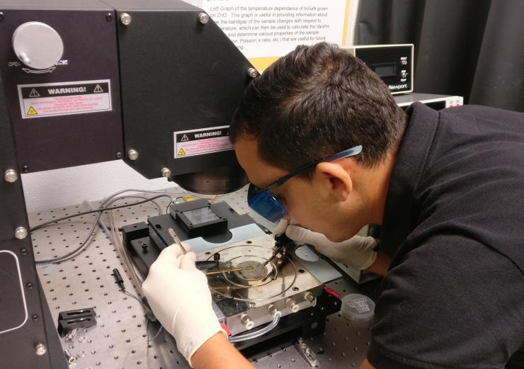 <p>Ph.D. Student Taha Ayari measures the photovoltaic performance of the InGaN solar cells with a solar simulator. (Credit: Ougazzaden laboratory)</p>