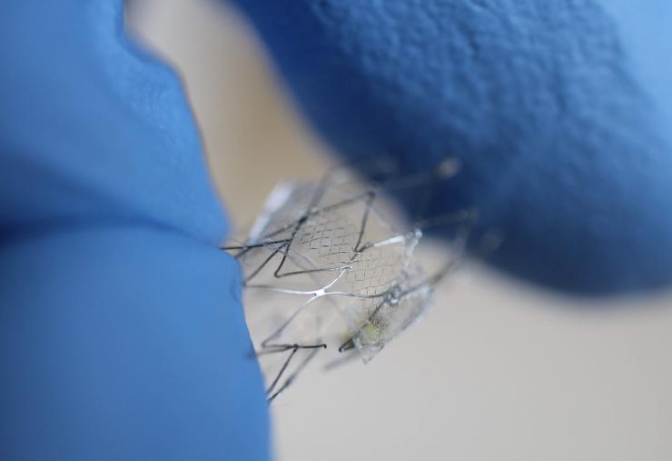 <p>With gloved fingers for scale, a proof-of-concept flow sensor is shown here on a stent backbone. (Credit: Woon-Hong Yeo, Georgia Tech)</p>