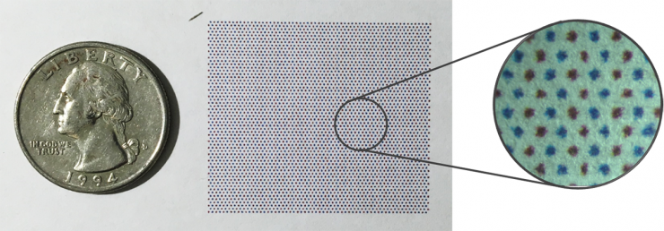 <p>Image shows how 3,600 thermoelectric legs could be printed on conventional copy paper using a desktop inkjet printer to create a large packing densities. Red and blue colors are regular printer inks that represent n- and p-type polymers for illustration purposes. (Credit: Akanksha Menon, Georgia Tech)</p>