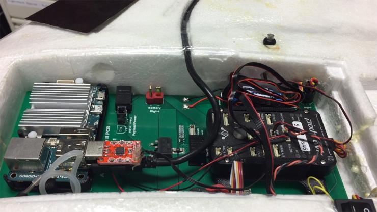 <p>The electronics bay of a fixed-wing UAV used in the competition. (Credit: John Toon, Georgia Tech)</p>