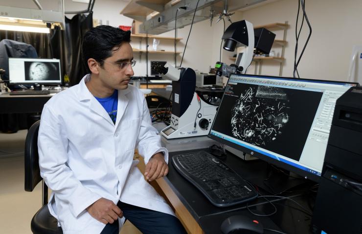 <p>Saad Bhamla, an assistant professor in Georgia Tech’s School of Chemical and Biomolecular Engineering, is shown with microscopy equipment used to study Spirostomum ambiguum, a single-celled protozoan that achieves blazing-fast acceleration while contracting its worm-like body. (Credit: Rob Felt, Georgia Tech)</p>