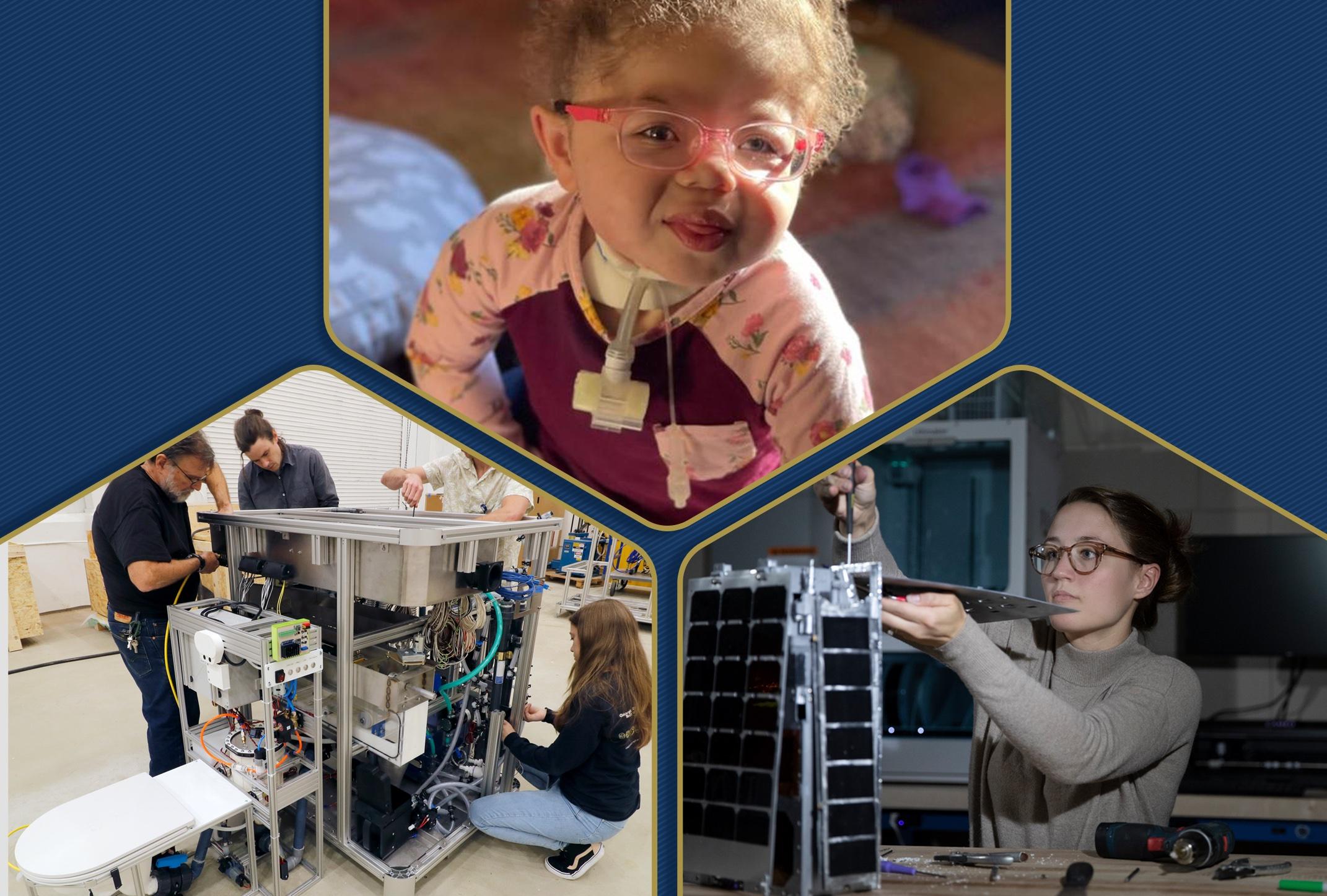 graphic of researchers working on toilet; child with traceal device; woman working on space shuttle