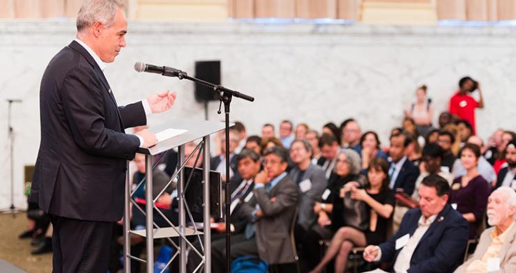 <p>President Ángel Cabrera addresses administrators and faculty members from universities around the world at Rutgers University-Newark on Sept. 23, 2019, during the University Global Coalition's (UGC) 17 Rooms-U event. The event was hosted in partnership with the United Nations to promote its 17 Sustainable Development Goals, which Georgia Tech is working to implement throughout the Institute's teaching, research, and operations. <em>(Photo courtesy of Rutgers Business School.)</em></p>