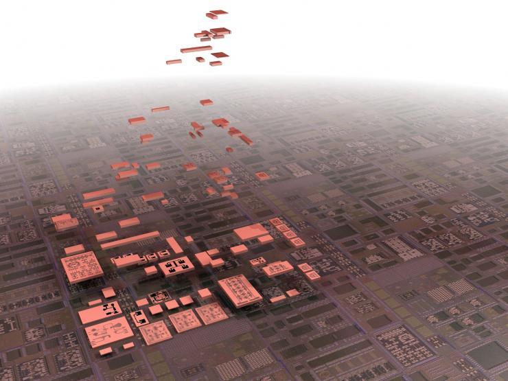 <p>Many future microelectronics systems could be assembled with a library of plug-and-play chiplets that combine their respective modular functions with unprecedented versatility. (Credit: DARPA)</p>