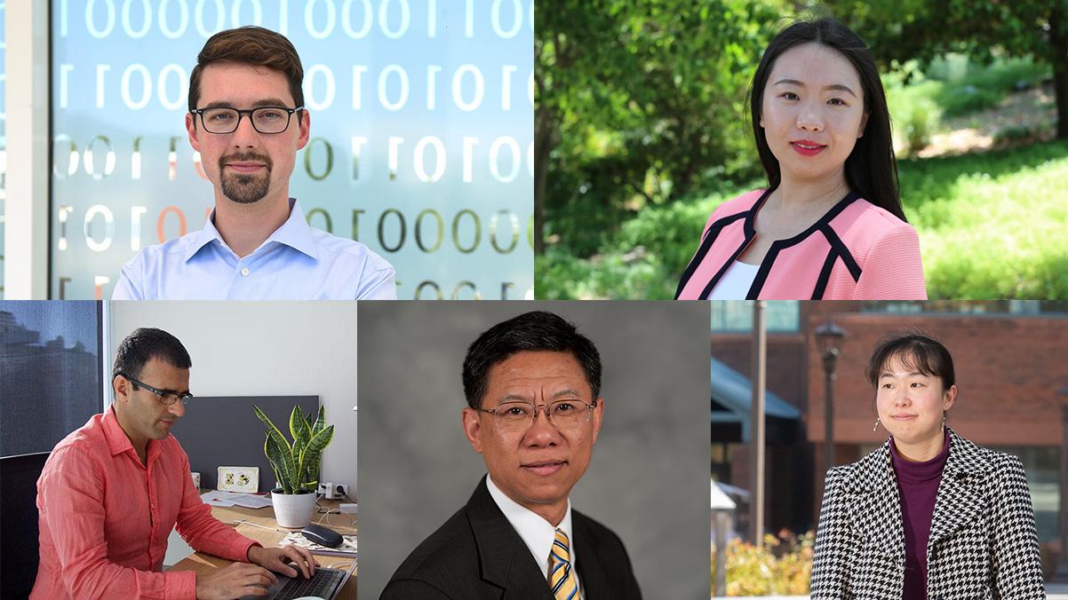 Composite image of 5 faculty members. Top: Brendan Saltaformaggio, Fan Zhang. Bottom: Saman Zonouz, Chuck Zhang, Iris Tien