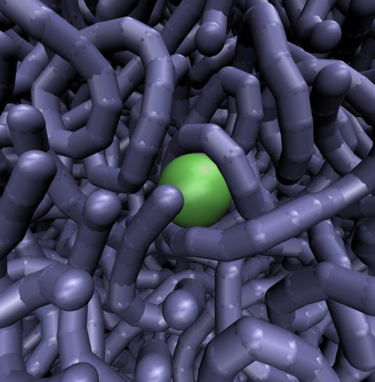 <p>Naturally occurring DNA is in constant motion, researchers hypothesize, and transports large transcription factors (depicted in green) through its tangles until they reach sites where they bind and carry out their activity. Here a still image from a very large, unique simulation.</p>