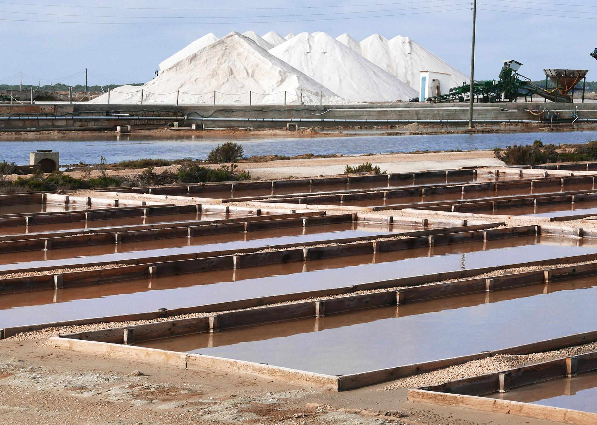 A photo of a saltern site with structured ponds in the foreground and large mounds of salt in the background. 