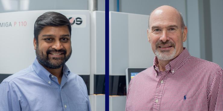 <p>Georgia Tech researchers Sriharsha Ramaraju and Scott Hollister led development of a blueprint for manufacturing 3D printed personalized medical devices.  (Photo by Adam Verga)</p>