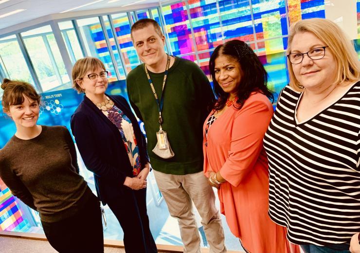 <p>Georgia Tech Library's SMARTech repository crew. From left, Digital Curation Archivist Wendy Hagenmaier, Digital Curation Librarian Susan Parham, Scholarly Communication Librarian Fred Rascoe, Digital Projects Coordinator Katie Gentilello and Metadata Repository Specialist Karen Manning.</p>