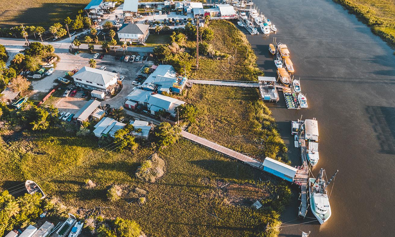 Aerial view of Tybee Island marina in Chatham County, Georgia.