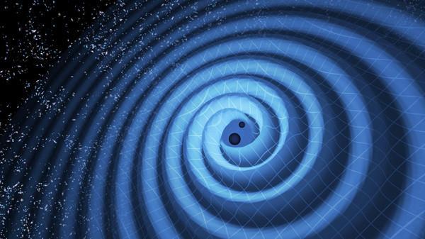 <p>This illustration shows the merger of two black holes and the gravitational waves that ripple outward as the black holes spiral toward each other. <em>Courtesy: LIGO/T. Pyle</em></p>