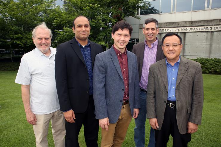 <p>Georgia Tech is part of a new U.S. Department of Energy (DOE) initiative to develop the next generation of concentrated solar power (CSP). Shown (l-r) are Researchers Sheldon Jeter, Devesh Ranjan, Shannon Yee, Peter Loutzenhiser and Zhuomin Zhang. (Credit: Candler Hobbs, Georgia Tech)</p>