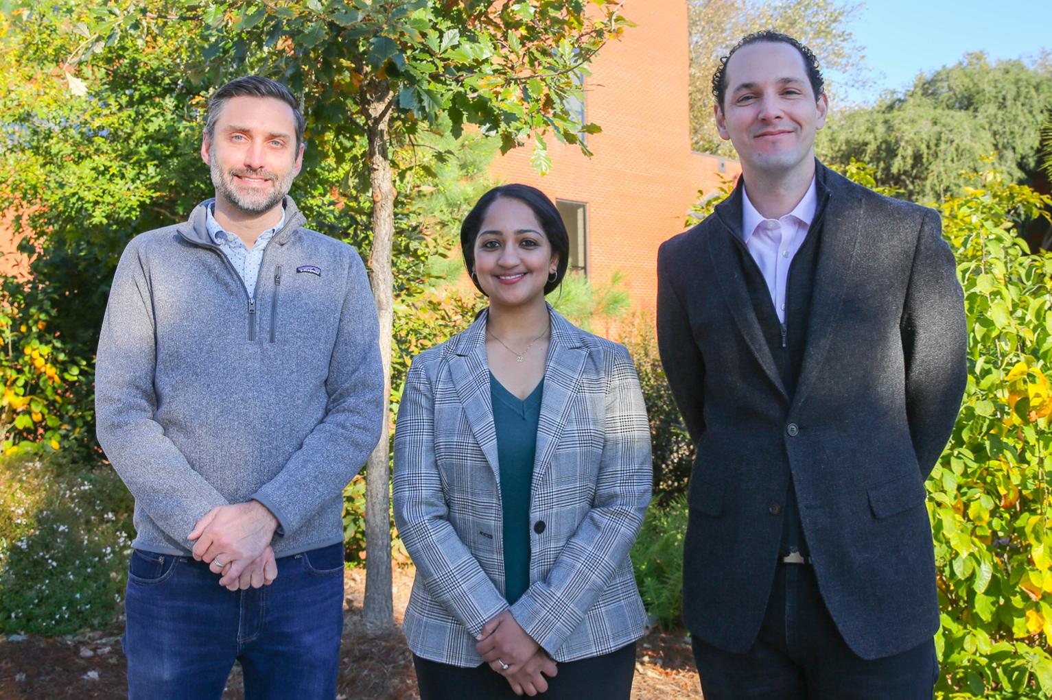 Pictured left to right: Associate Professor Matthew McDowell (ME), Assistant Professor Akanksha Menon (ME), and Assistant Professor Claudio Di Leo (AE).