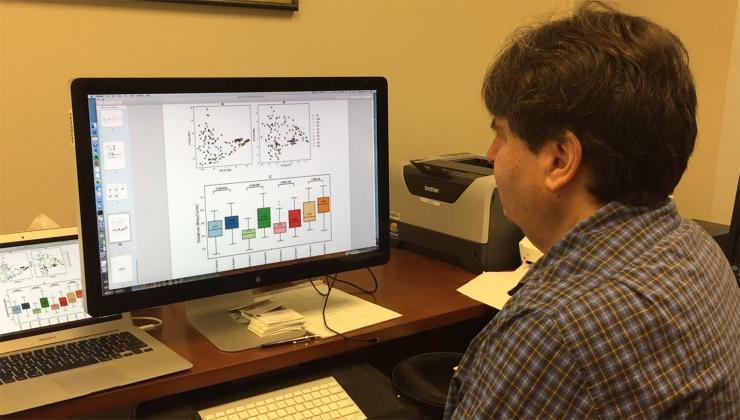 <p>Georgia Tech Professor Howard Weiss reviews data about bacteria found on aircraft studied by a research team that sampled tray tables, seat belt buckles and the handles of lavatory doors. (Credit: John Toon, Georgia Tech)</p>

<p> </p>