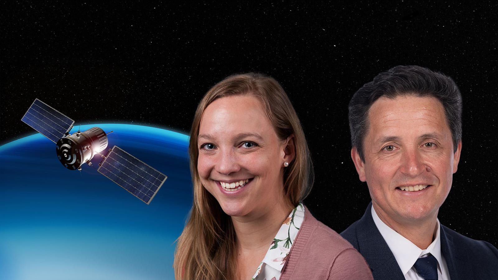 A photo illustration of two faculty members set against a backdrop of a satellite in space