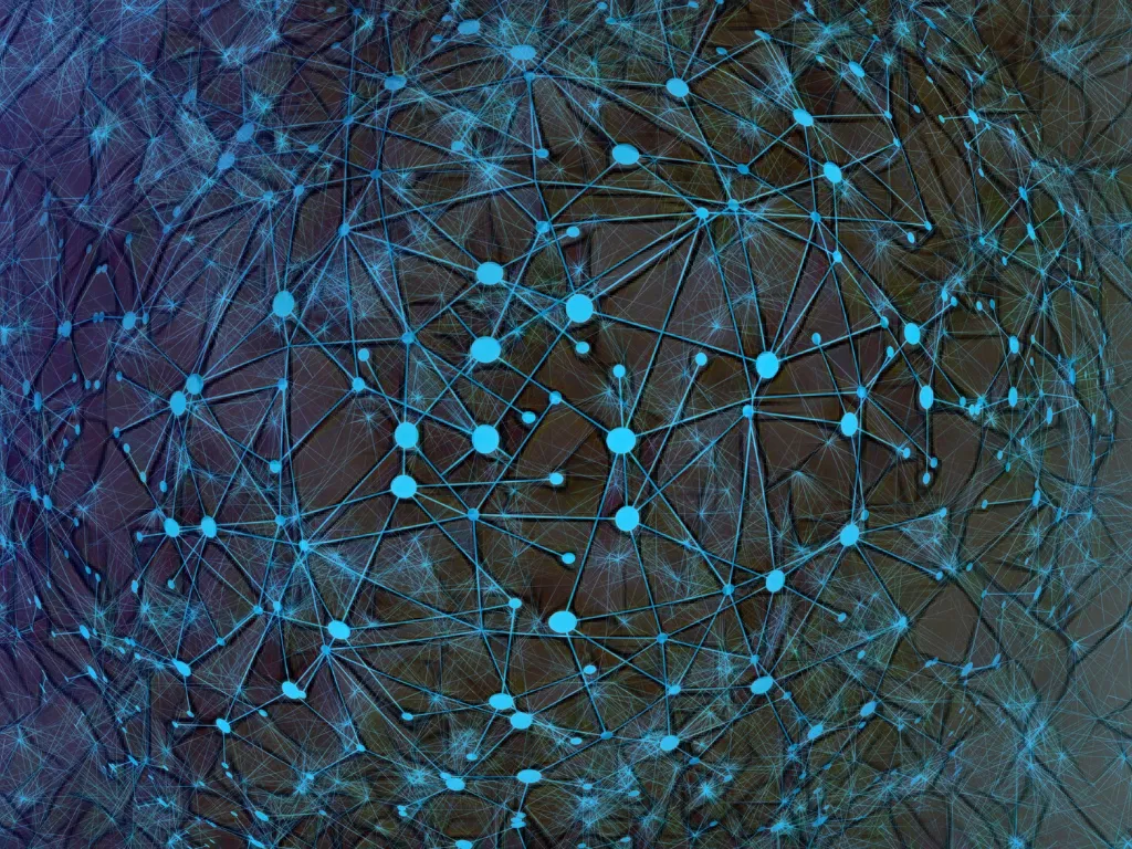 A blue image of interconnected nodes